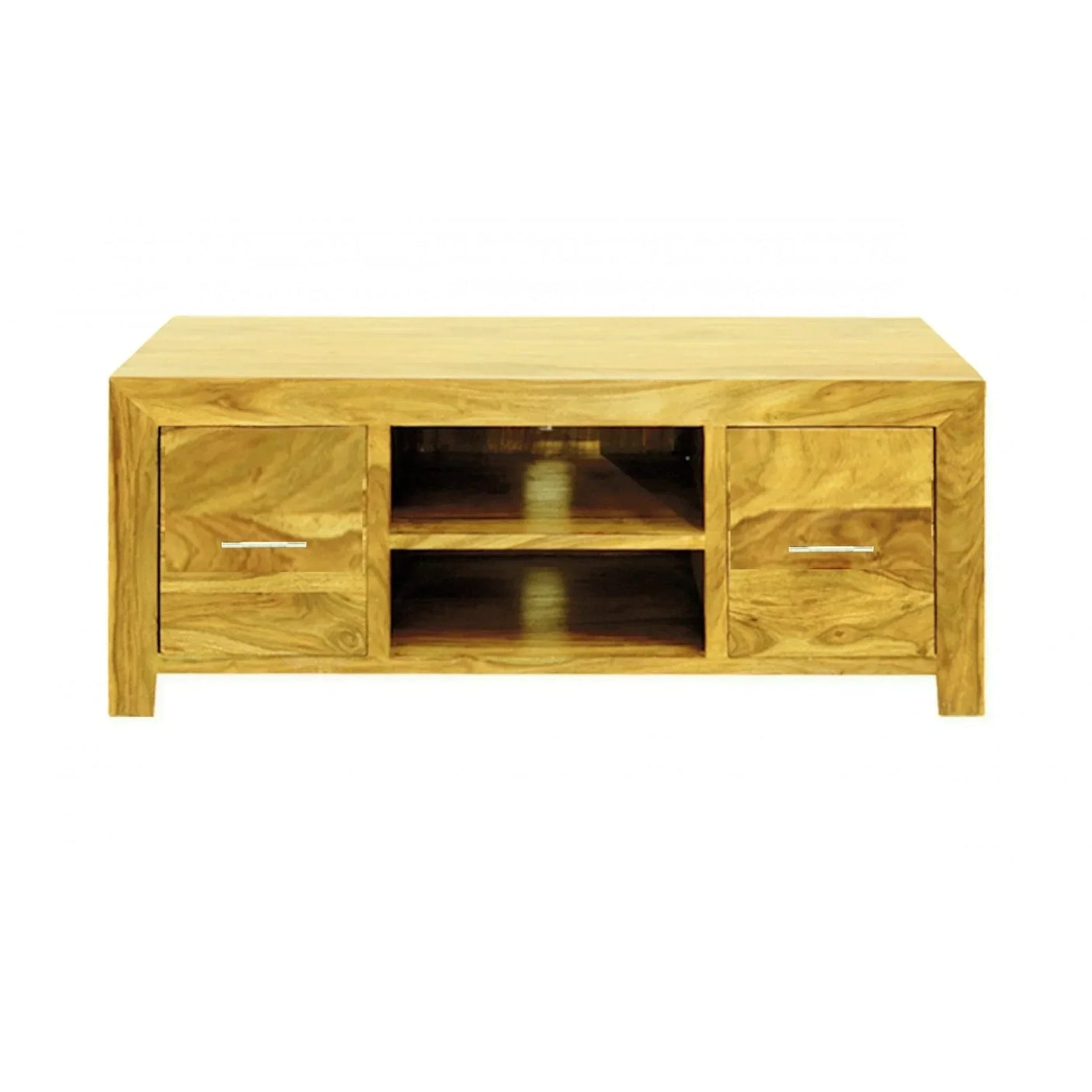 Solid wood TV unit with two drawers, open shelves, and metal handles, front view