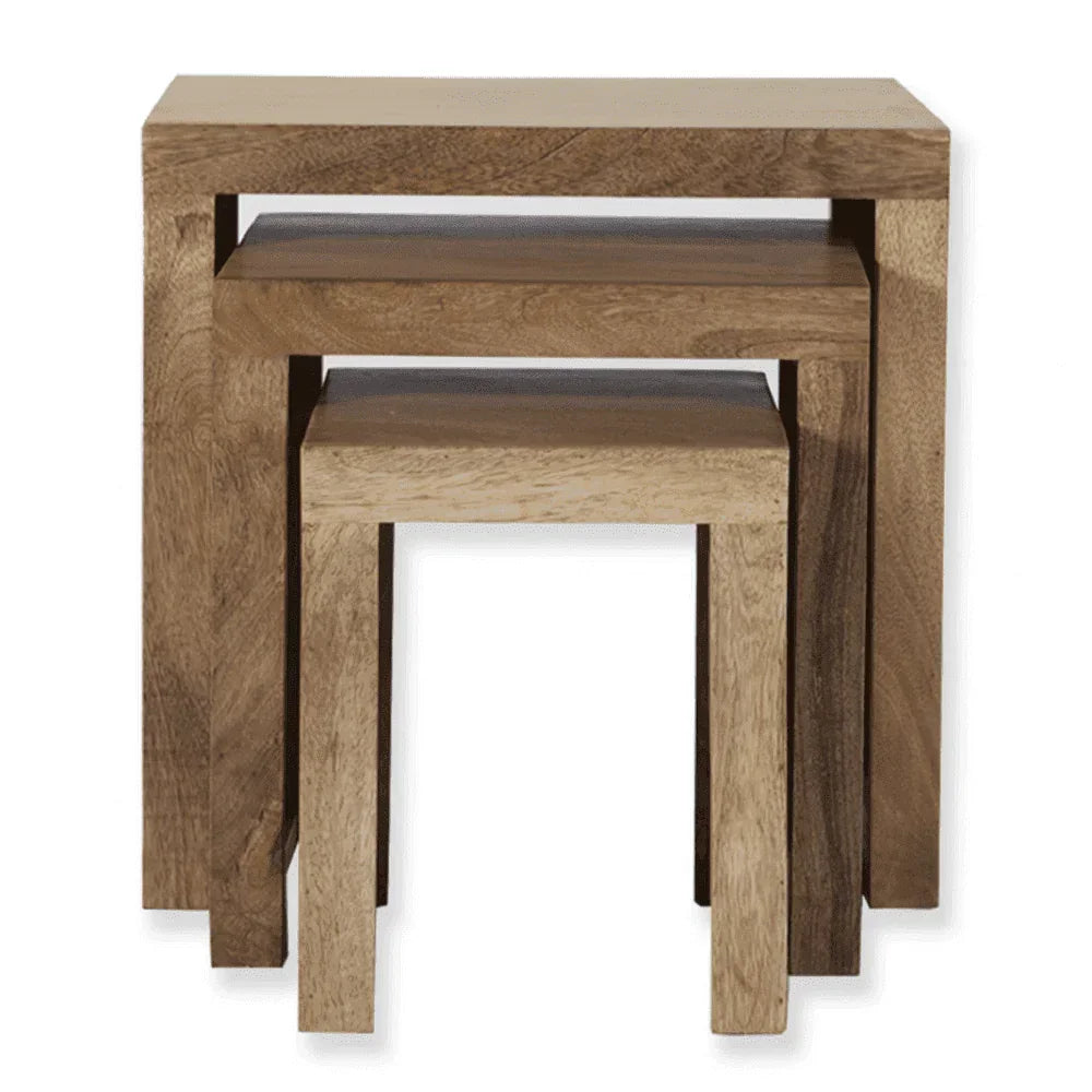 Set of three nested oak side tables with clean lines and natural wood finish