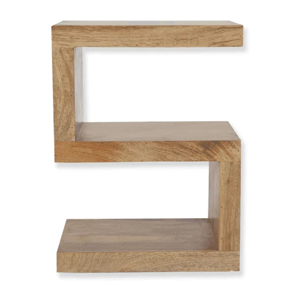 S-shaped wooden side table with open shelves and natural wood grain finish
