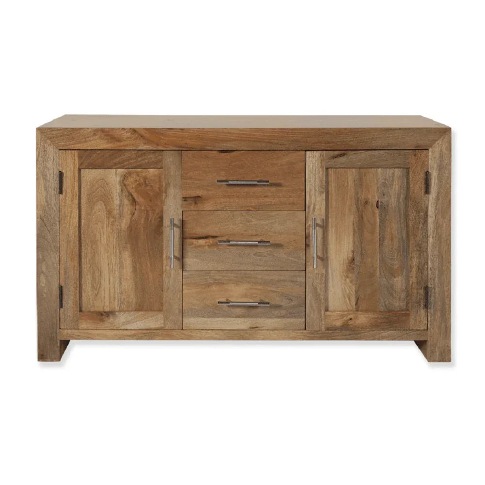 Solid wood sideboard with natural finish, three drawers and two cupboard doors, front view