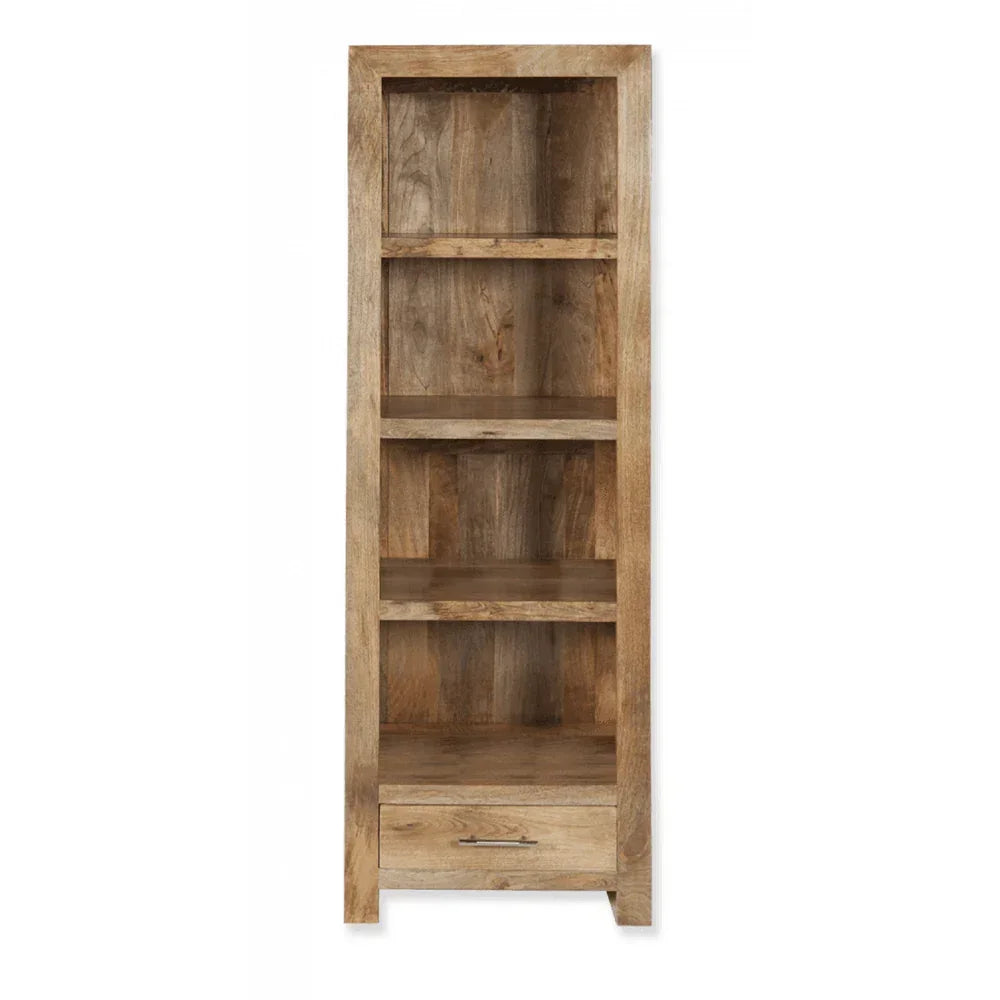 Tall wooden bookcase with four shelves and a single drawer at the bottom, natural finish