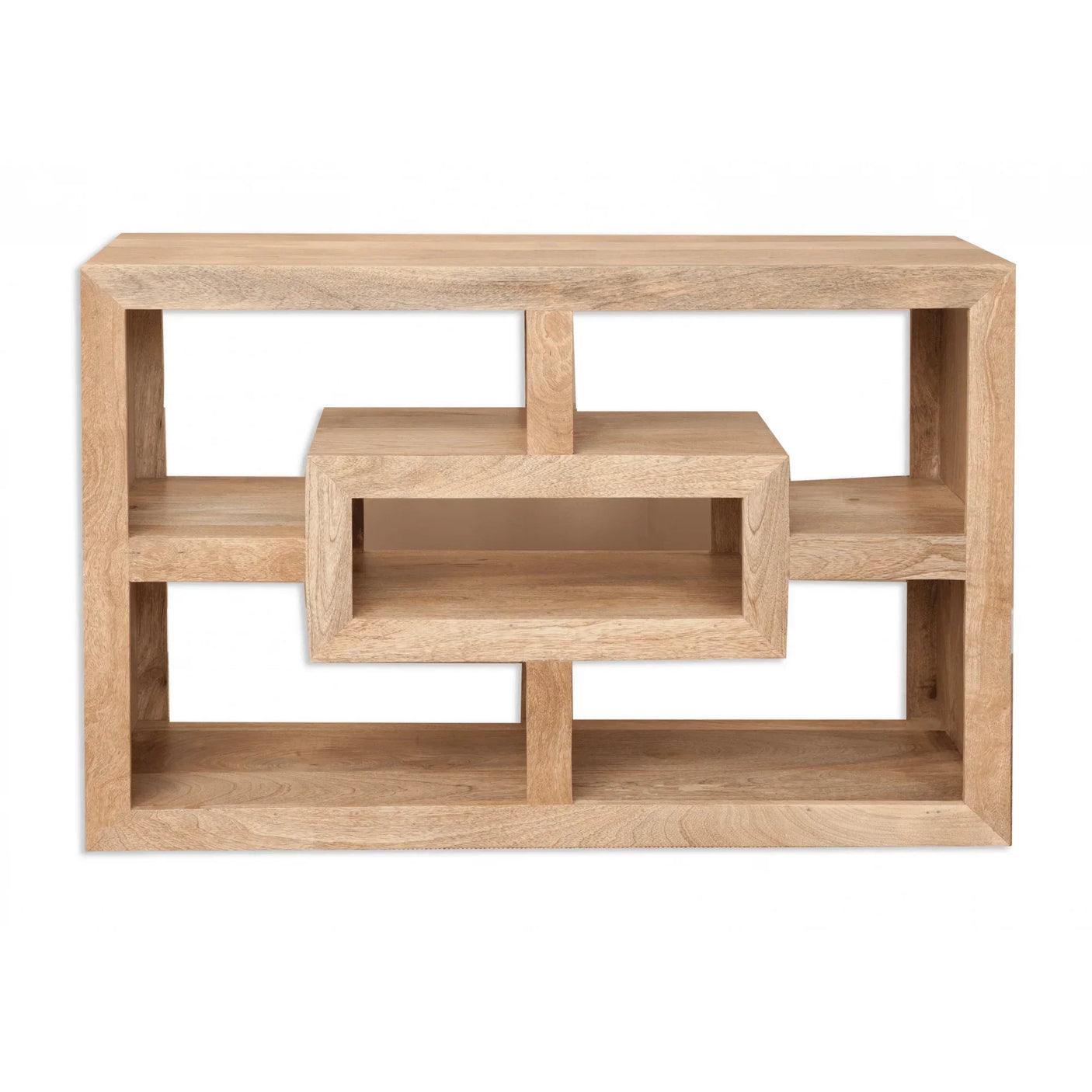 Natural wood console table with open geometric shelves and rectangular design