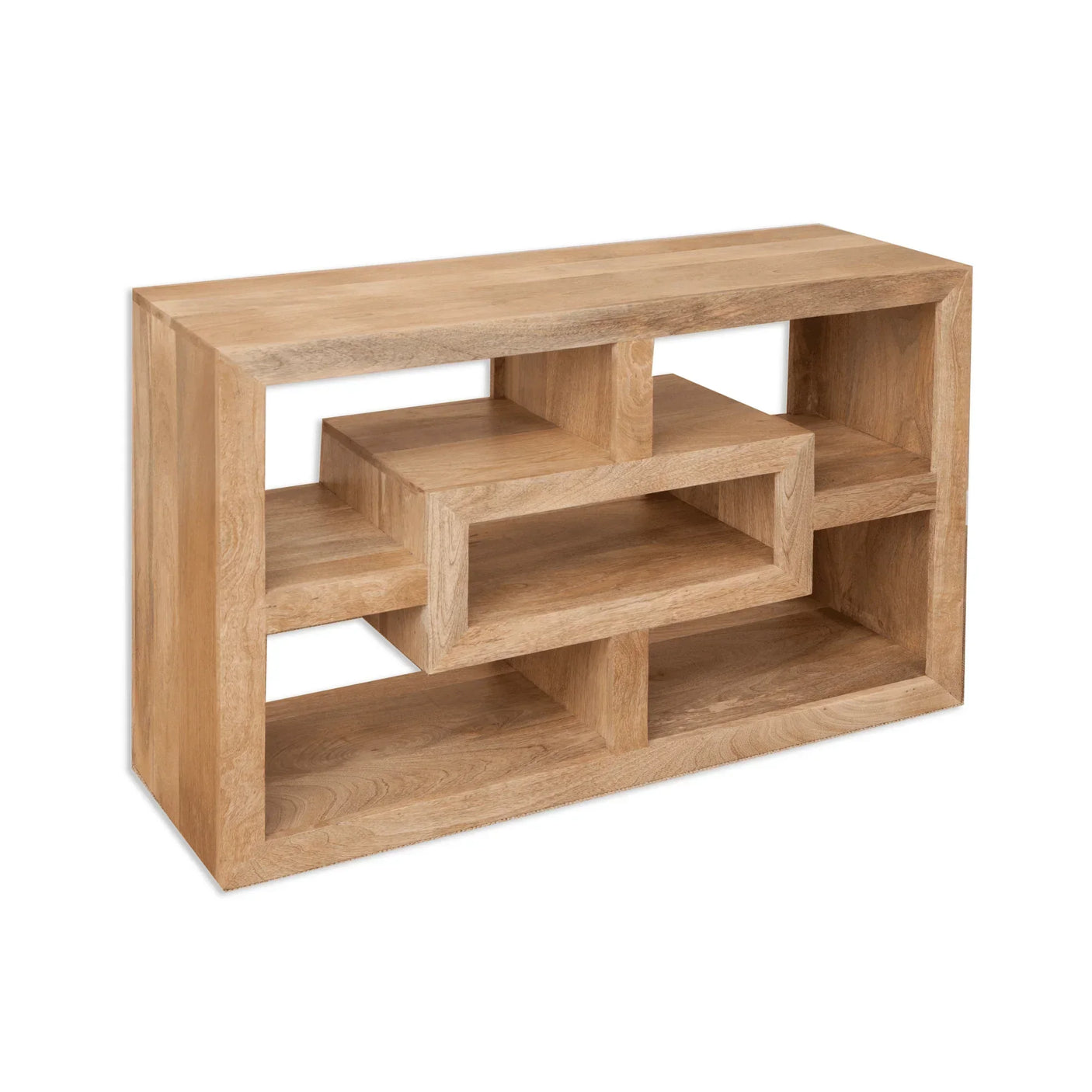 Mango wood modern shelving unit with open geometric storage compartments