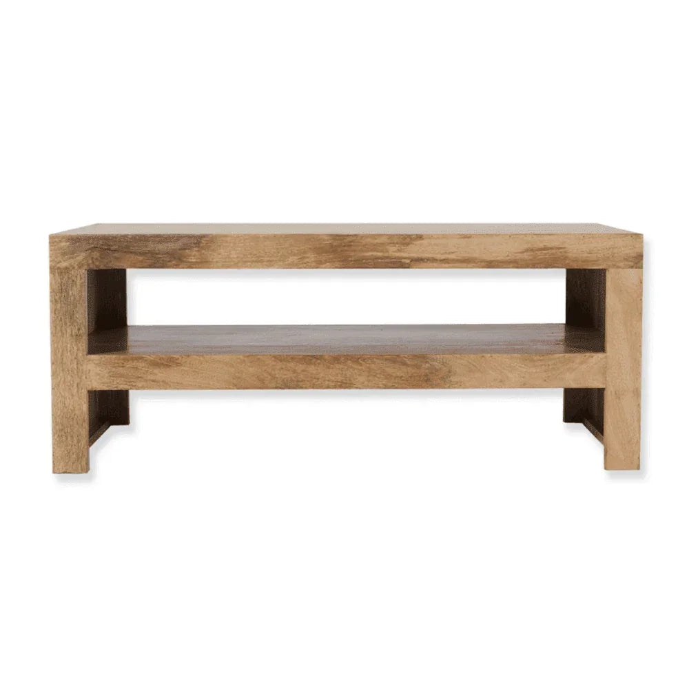 Rectangular wooden coffee table with open shelf and natural finish, front view