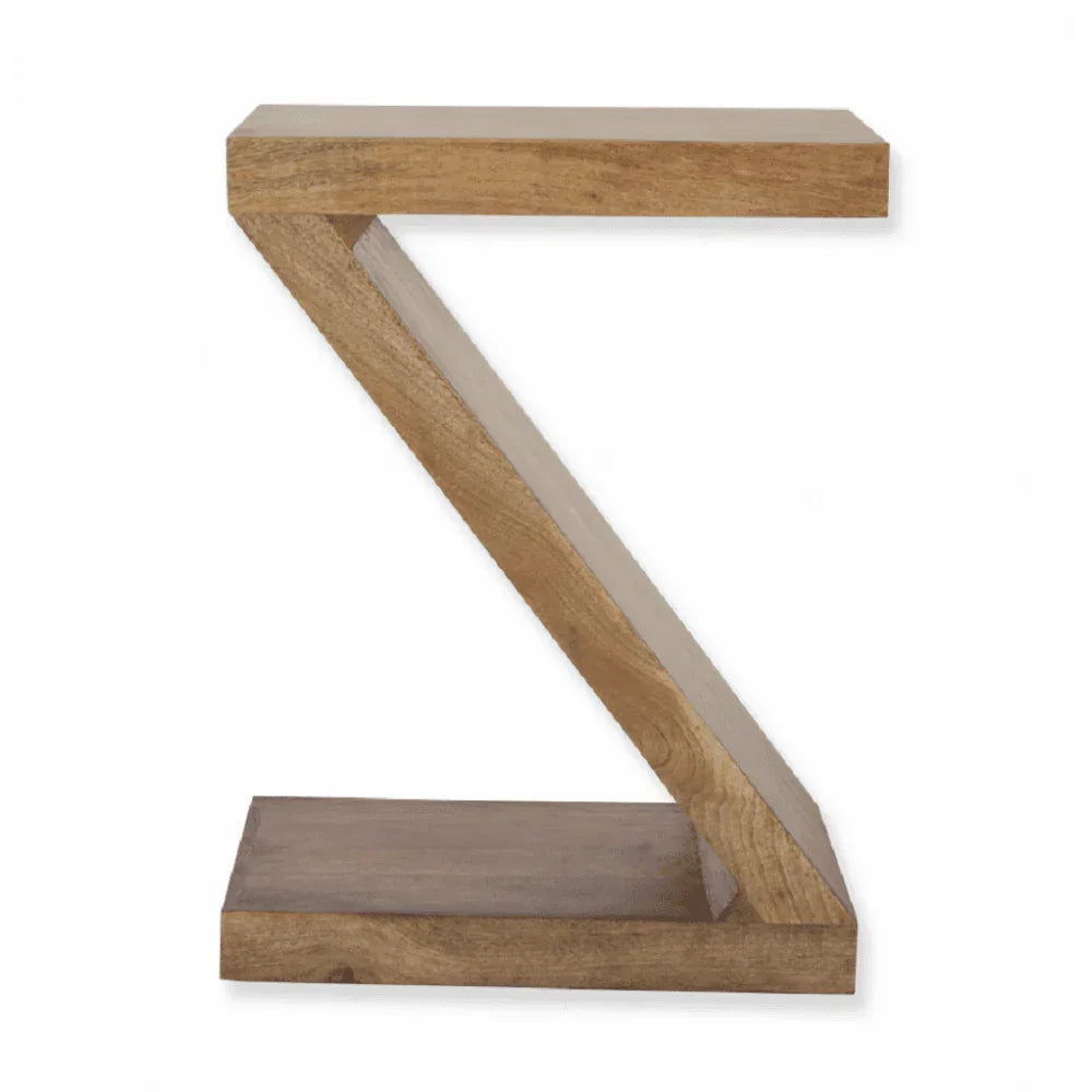 Z-shaped wooden side table with natural finish, angled view against white background