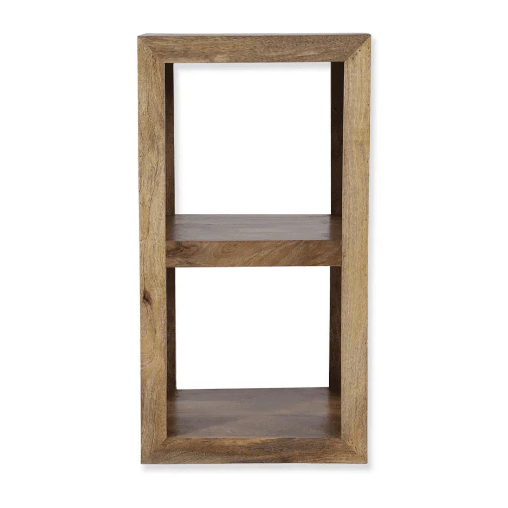 Rectangular wooden shelving unit with two open shelves, natural wood grain finish