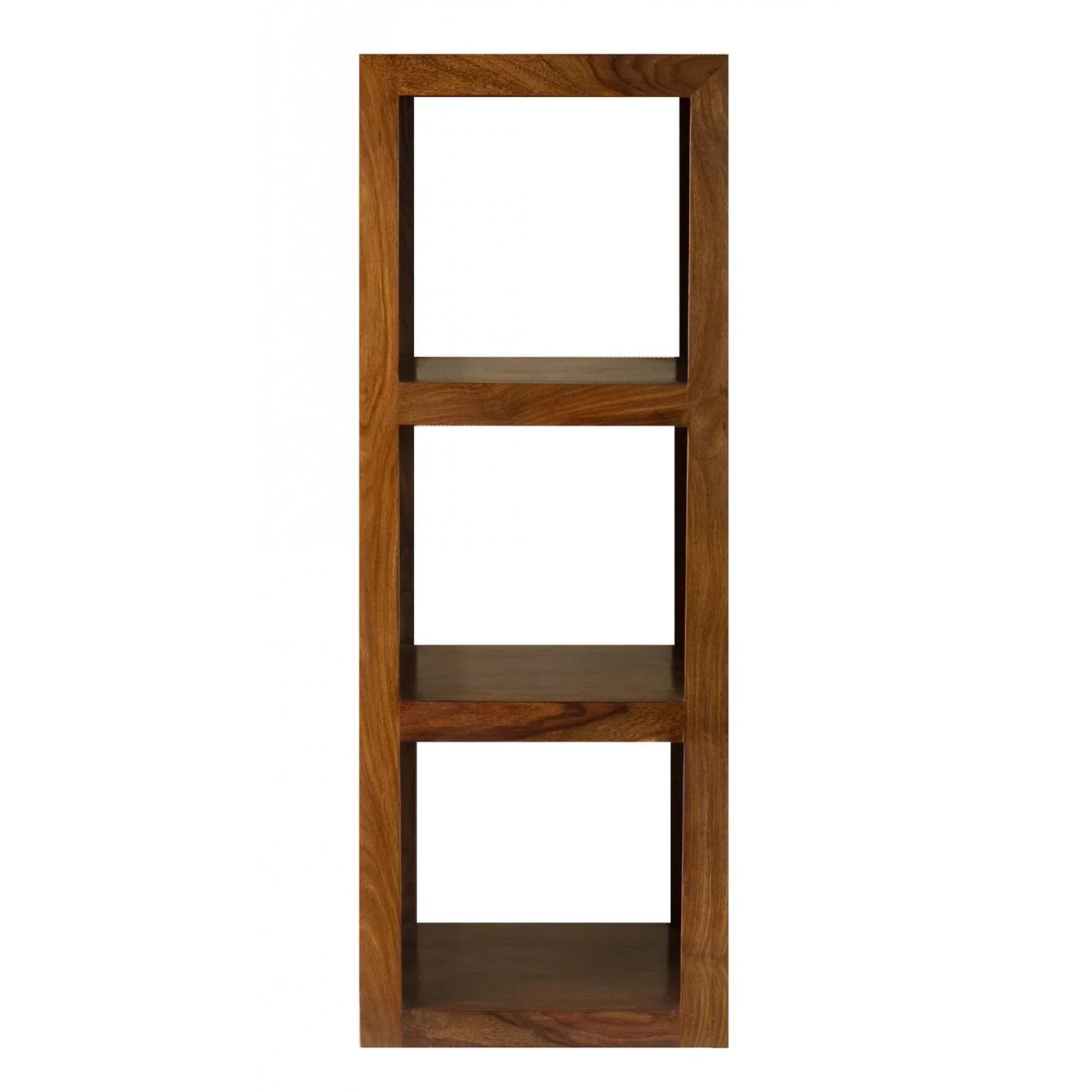 Solid wood bookcase with three open shelves and natural grain finish, front view