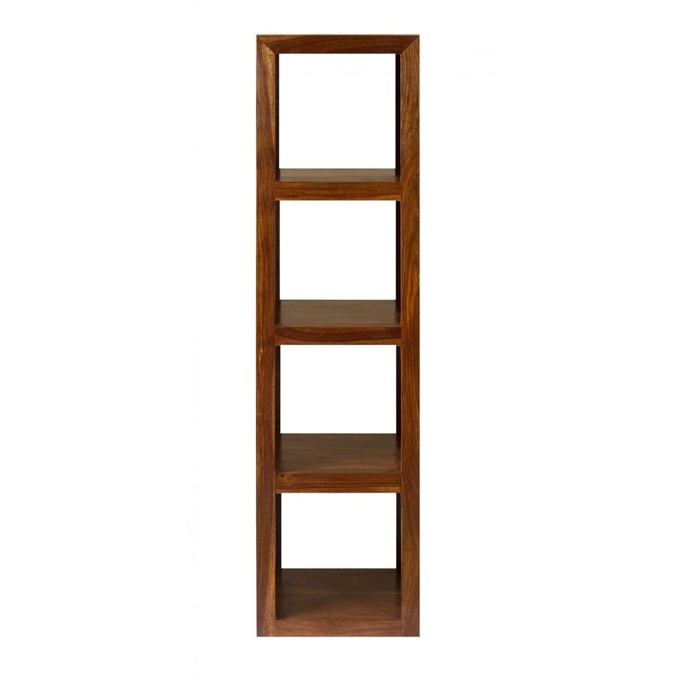 Tall wooden bookcase with four open shelves and natural wood finish, front view