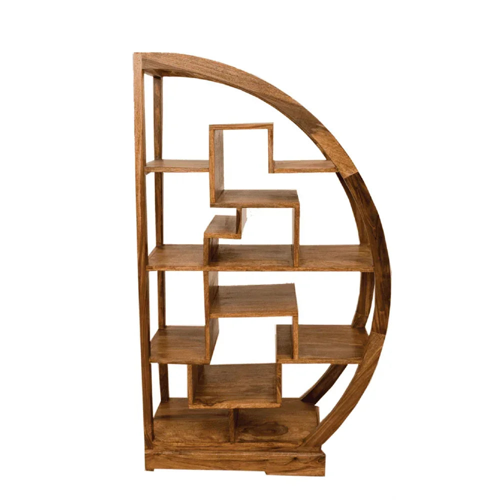 Geometric wooden bookshelf with curved frame and multiple open shelves