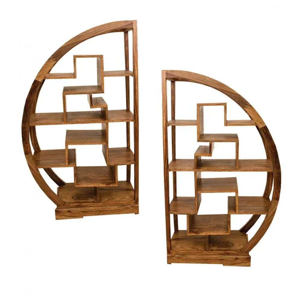 Pair of wooden display shelves with geometric open design and curved half-circle frames