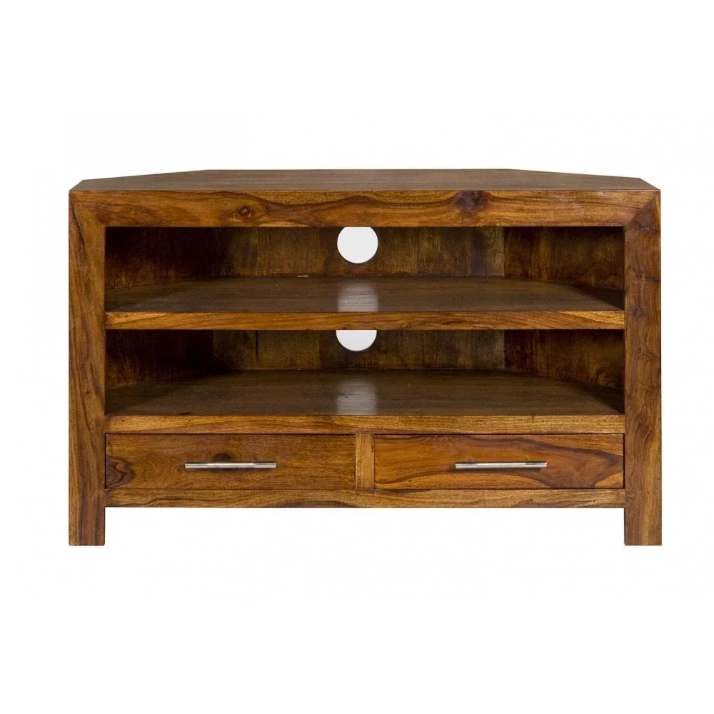Solid wood TV unit with two open shelves, cable holes, and two drawers with metal handles