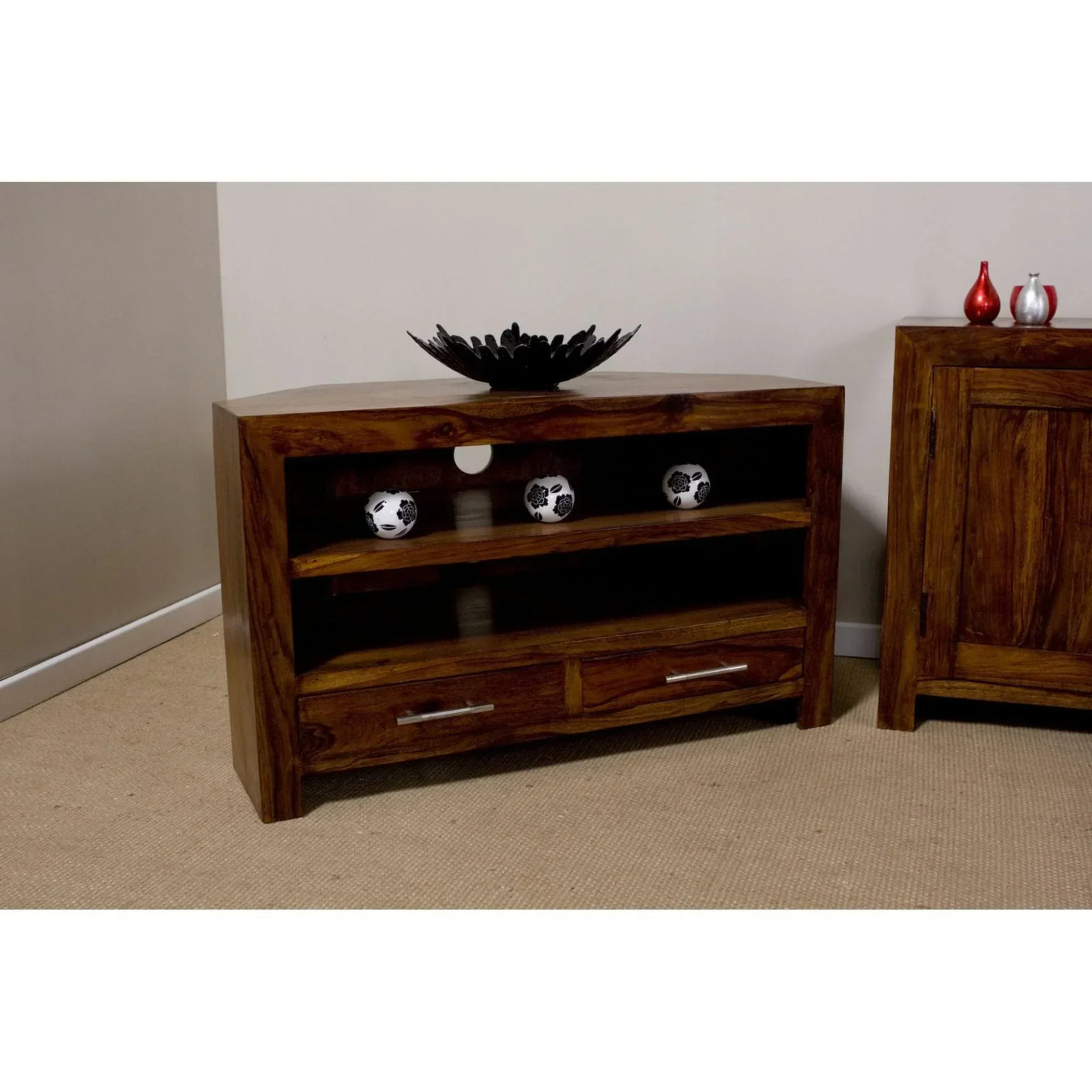 Solid wood corner TV unit with open shelves and two drawers in living room