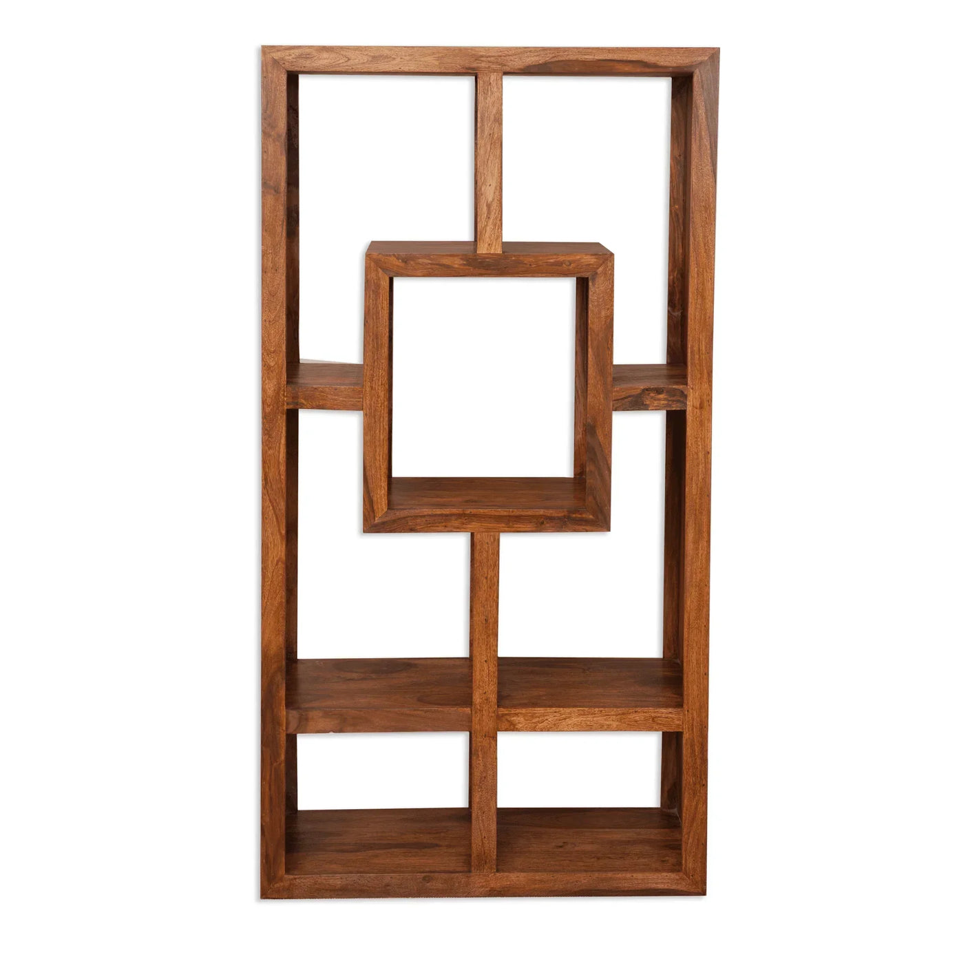 Geometric solid wood bookcase with open square shelving and natural finish