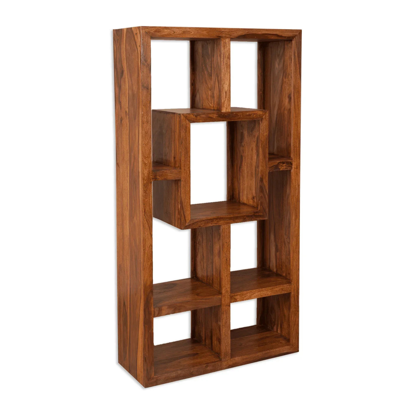 Solid wood bookshelf with open square shelves and natural brown finish, angled side view