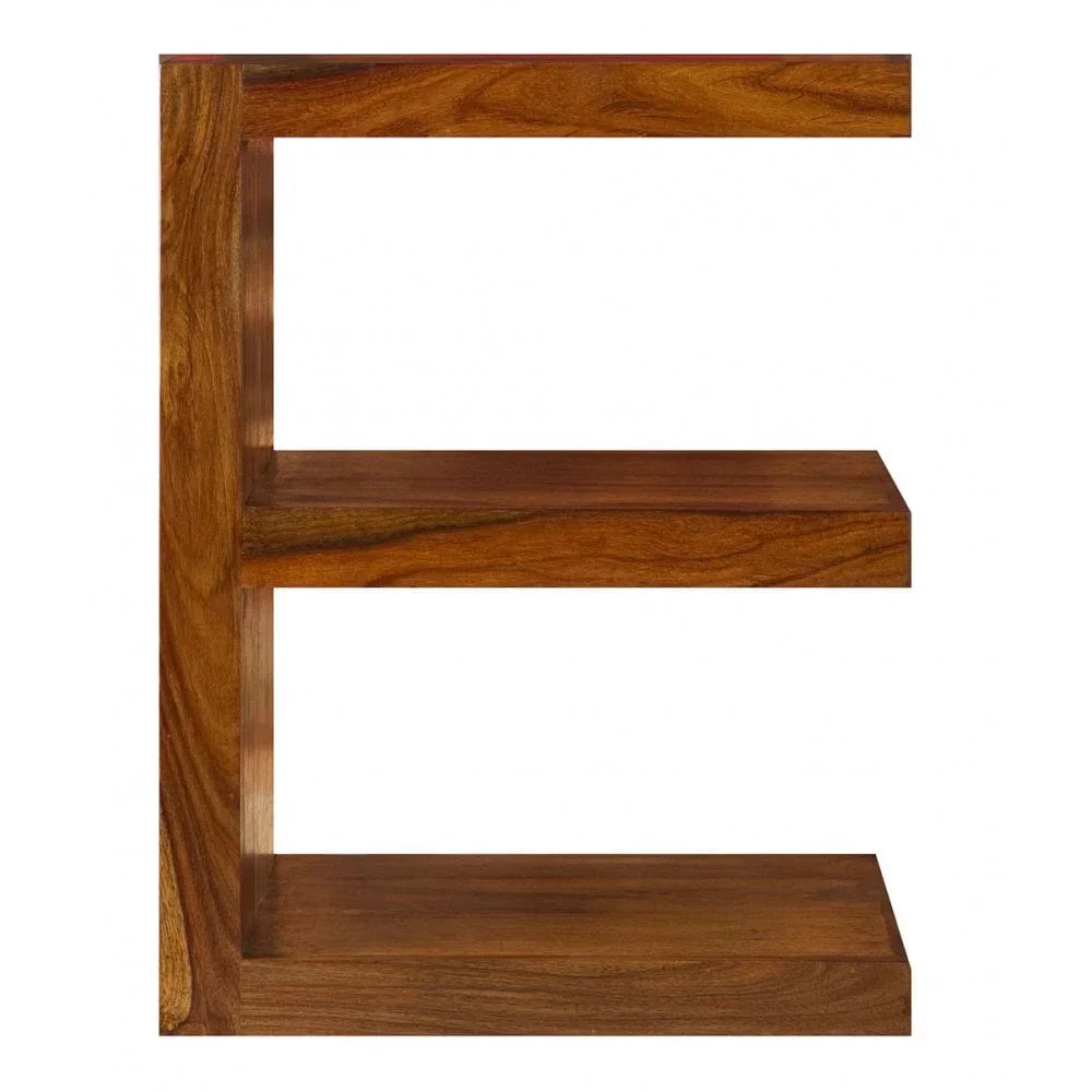 Modern wooden side table with open shelving and natural wood grain finish, front view