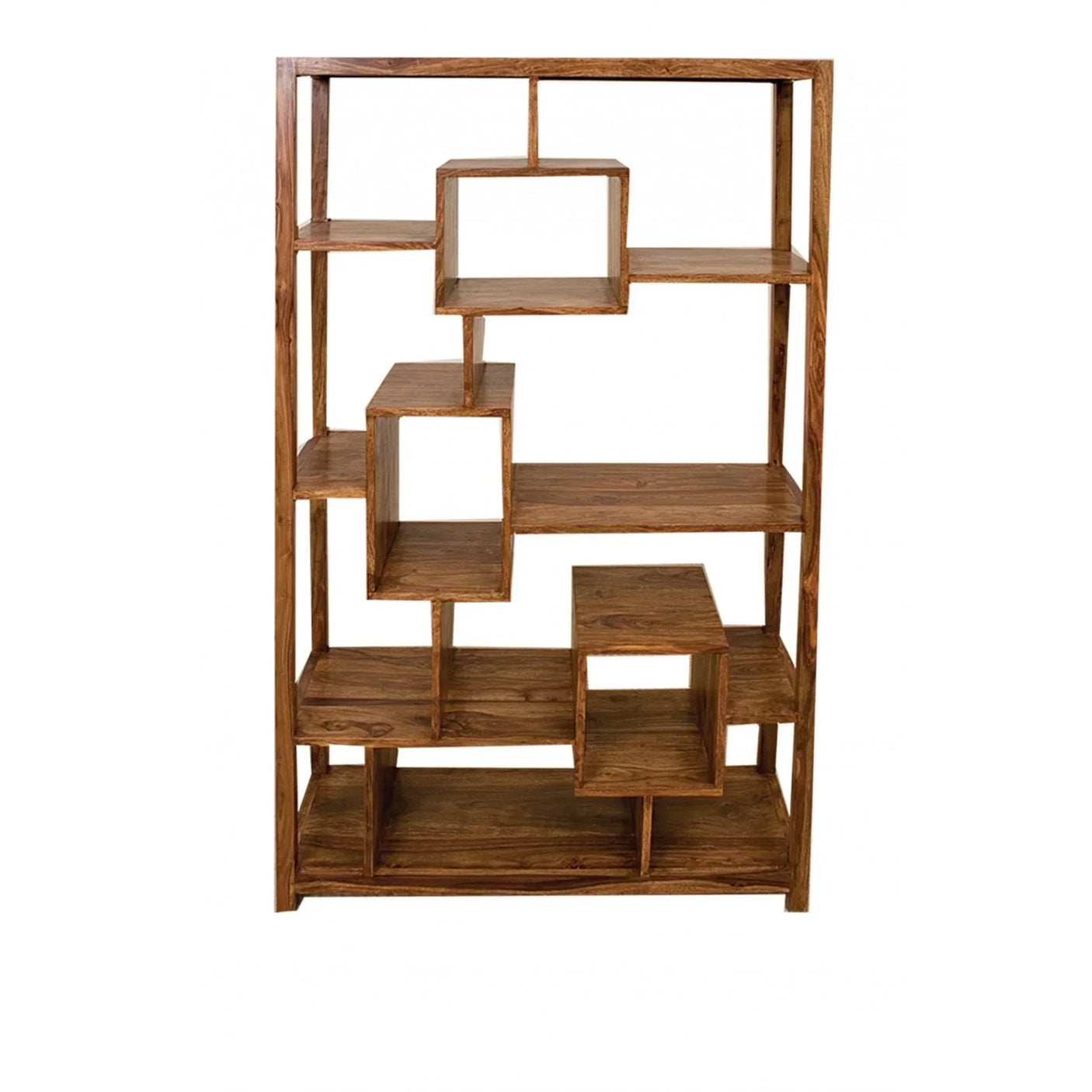 Geometric wooden bookcase with open shelves and natural finish, front view