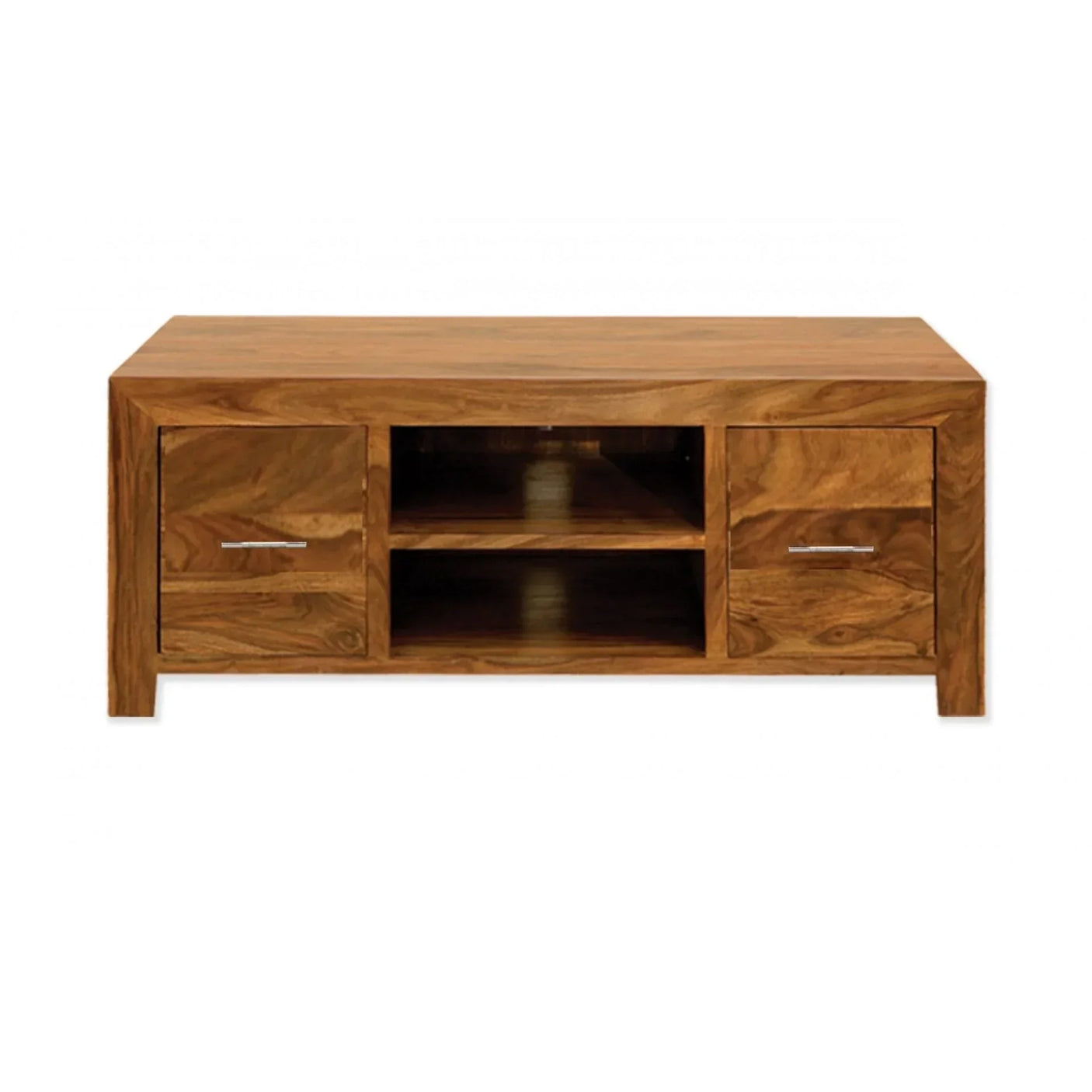 Solid wood TV unit with two drawers, two open shelves, and metal handles