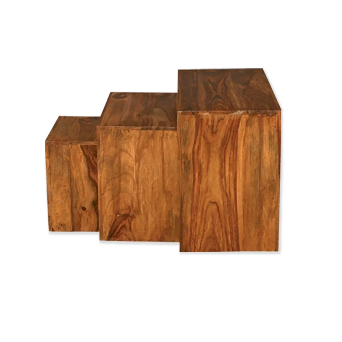 Set of three solid wood nesting tables with natural grain finish, shown from side angle