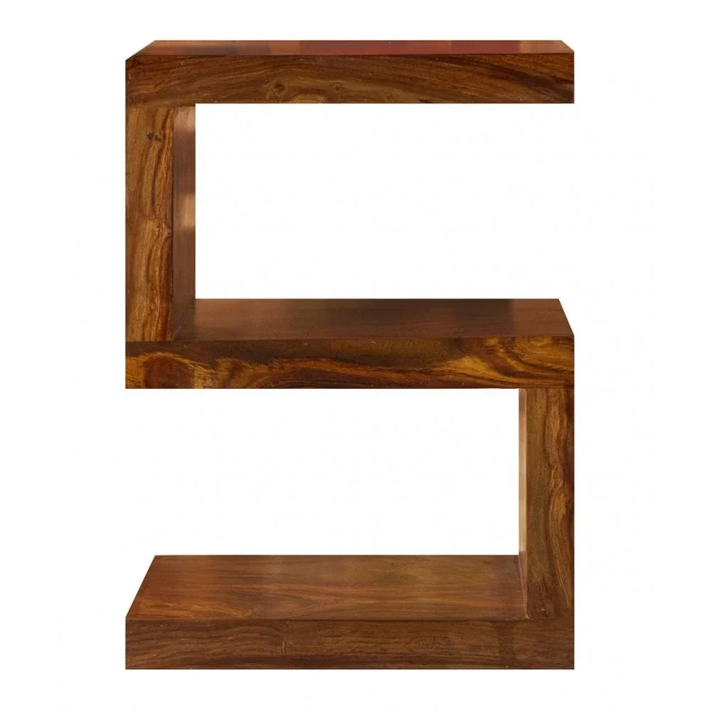 Sheesham wood S-shaped modern side table with two open shelves and natural grain finish