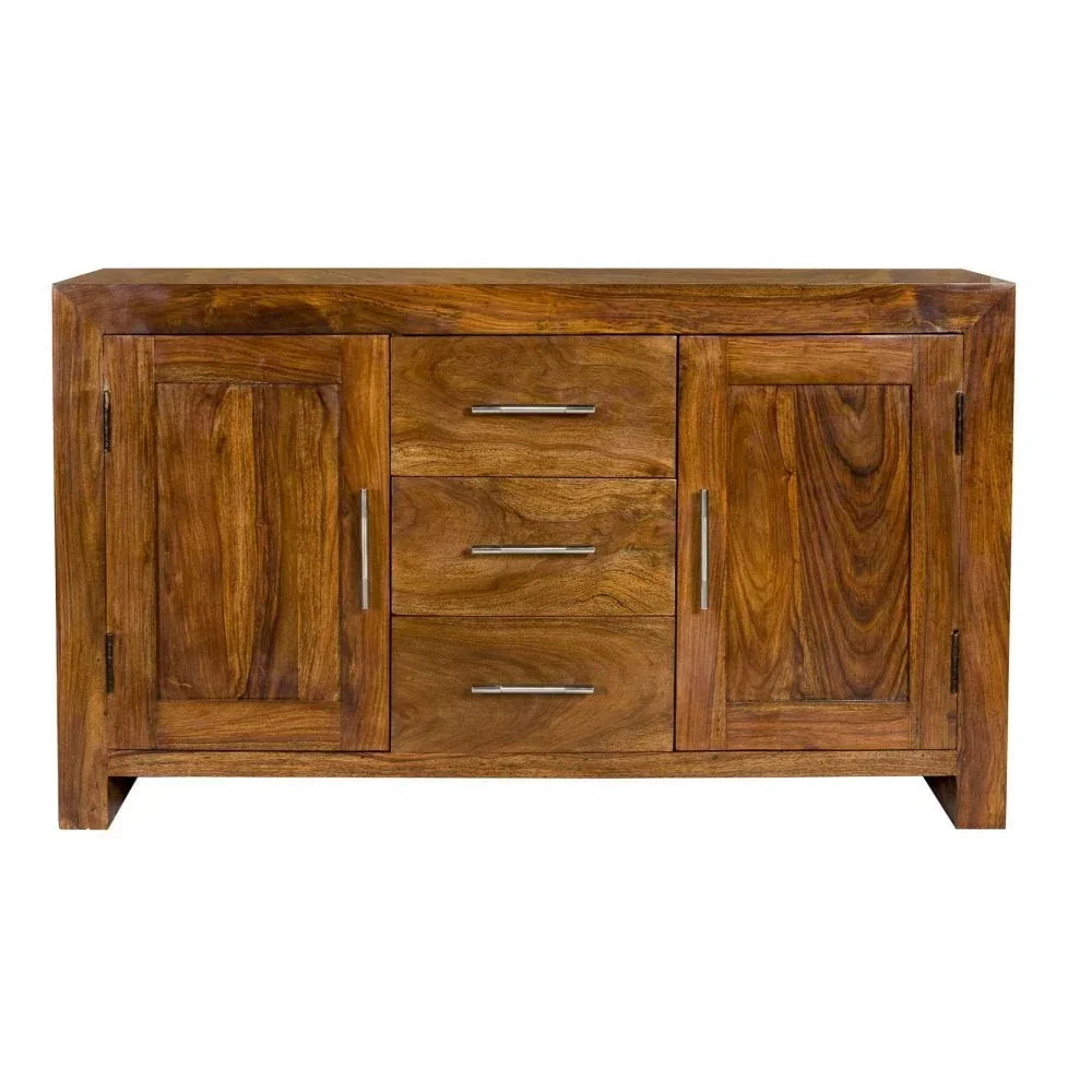 Solid wood sideboard with two doors and three drawers, polished finish, silver handles