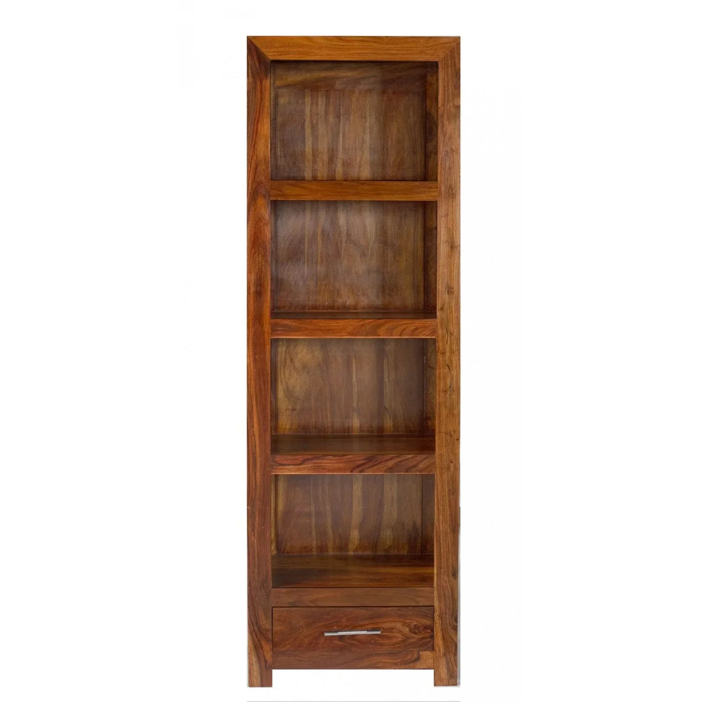 Tall wooden bookcase with four open shelves and one drawer, natural finish