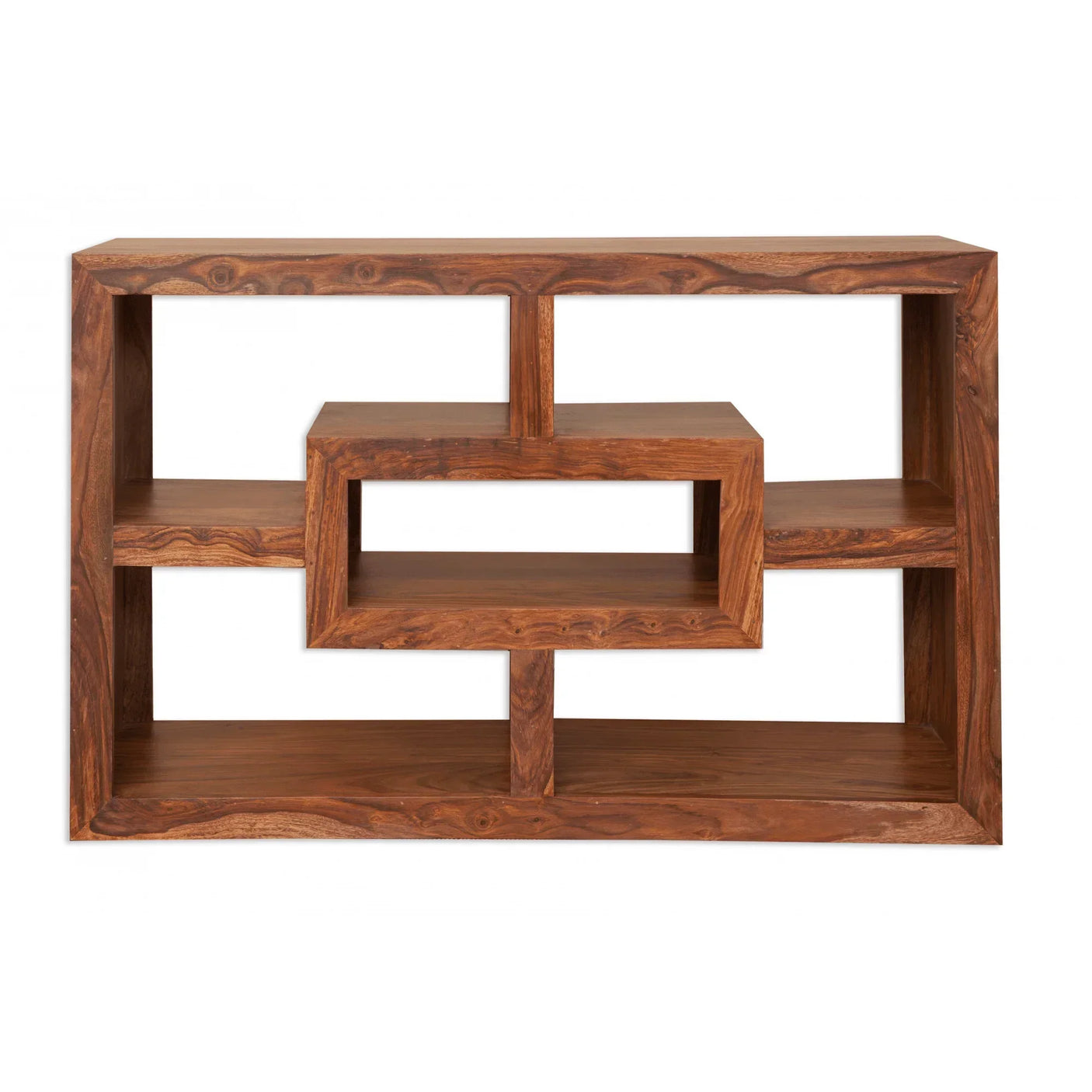 Geometric wooden bookshelf with open rectangular shelves and natural wood finish
