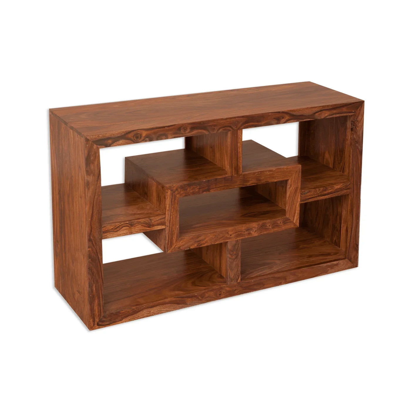 Sheesham wood sideboard with open geometric shelving and natural finish, angled view