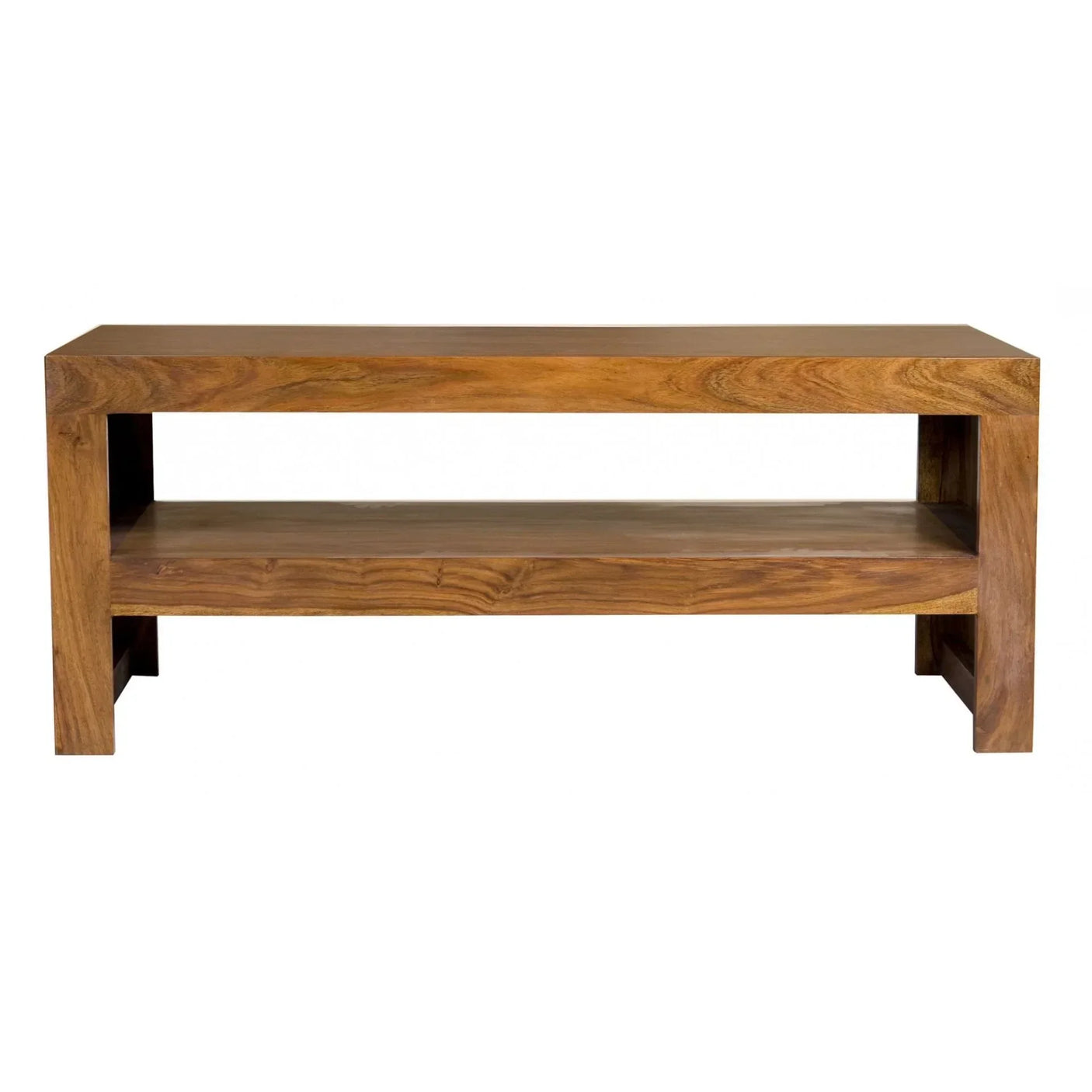 Solid wood console table with shelf, natural finish, rectangular design, front view