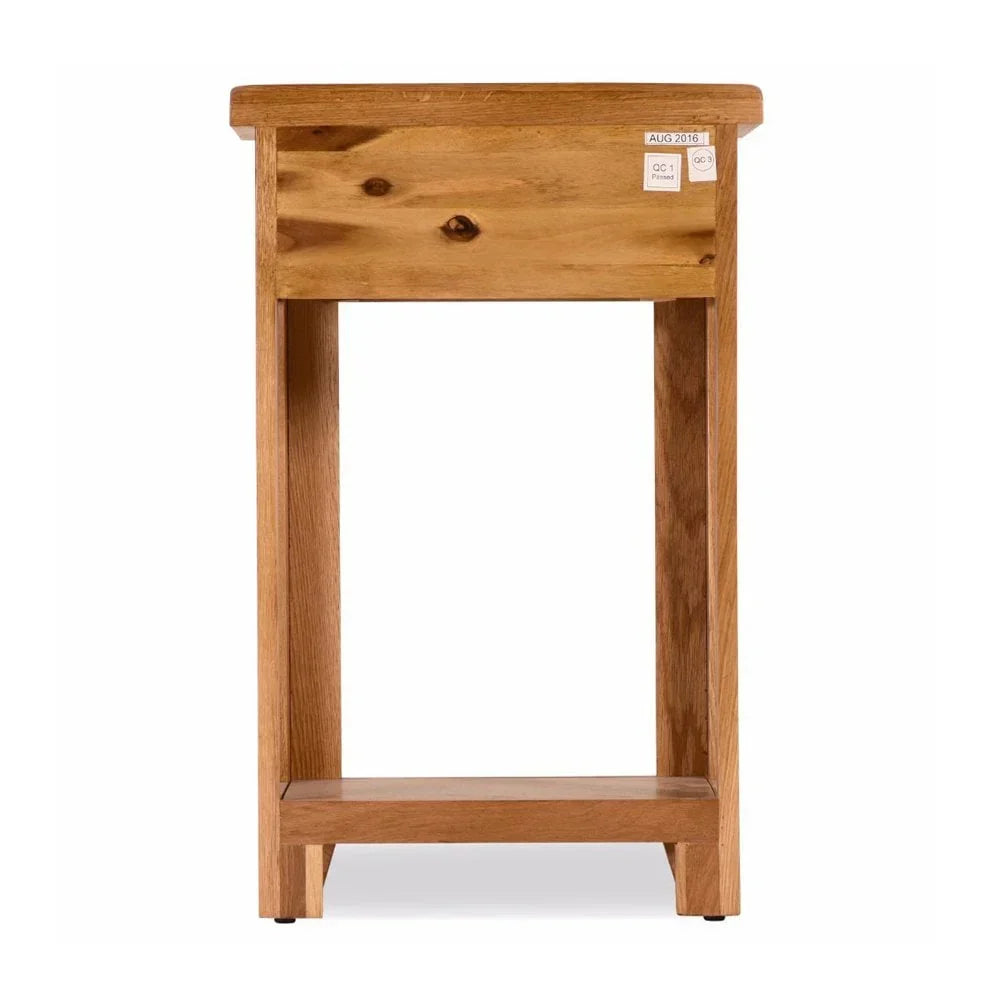Oak lamp table with drawer and lower shelf, straight edges, natural wood grain finish