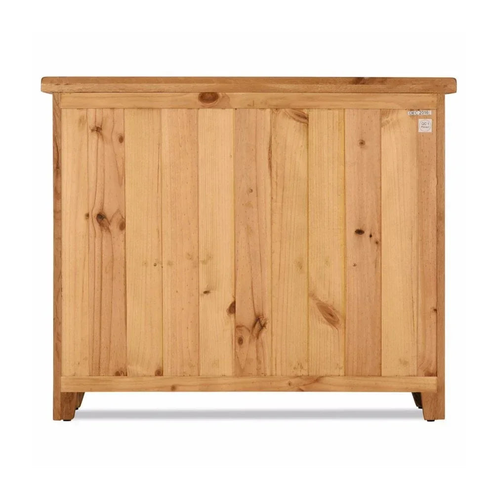 Pine storage chest with vertical wood panels and flat top, front view