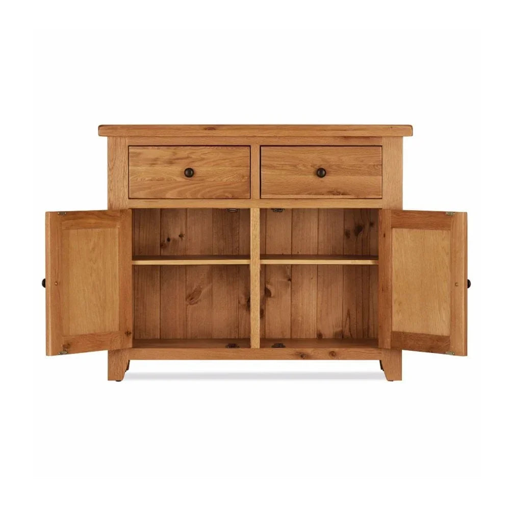 Oak sideboard with open double doors, two drawers, and four interior storage shelves