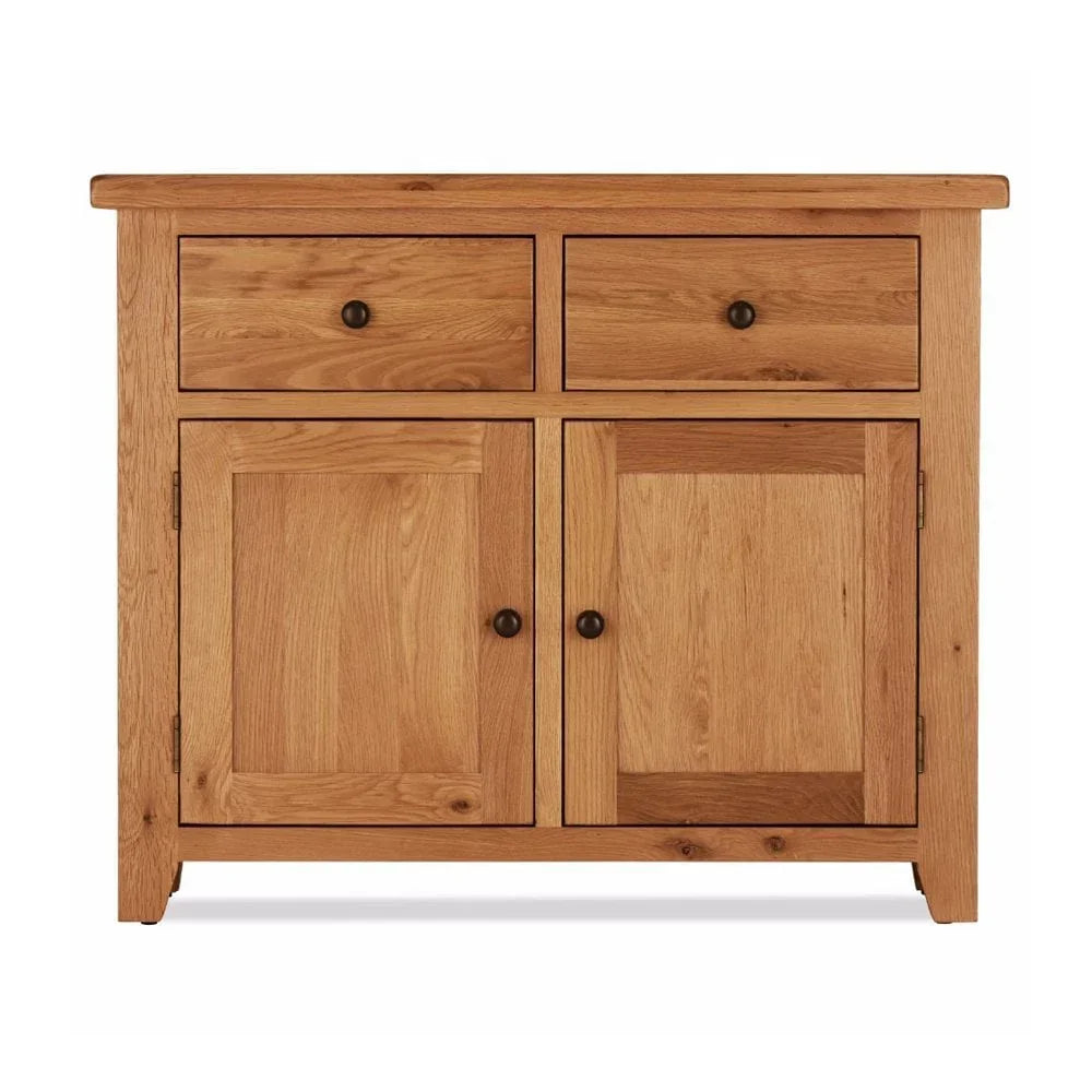 Oak sideboard with two drawers and two cabinet doors, black metal knobs, front view