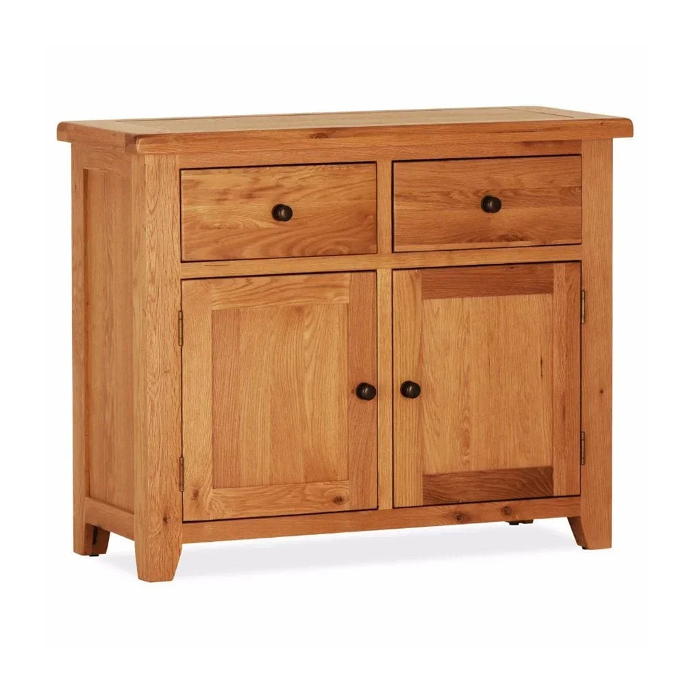 Oak sideboard with two drawers and double cupboard, black knobs, front facing