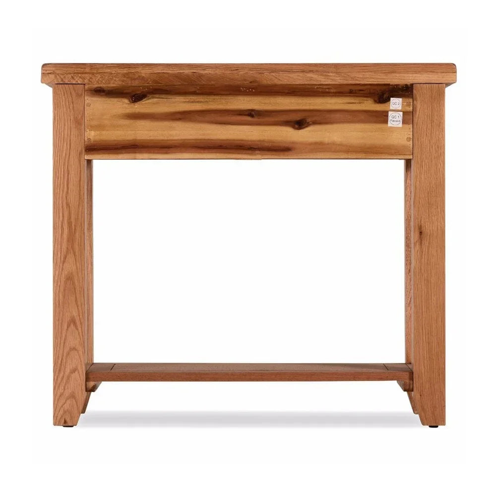 Natural oak console table with rectangular legs and shelf in front view