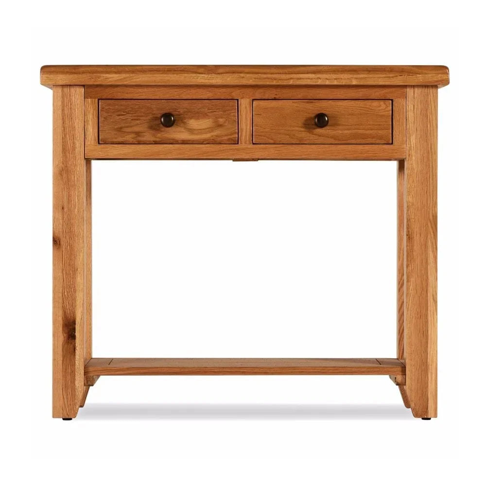 Oak console table with two drawers and lower shelf, front view