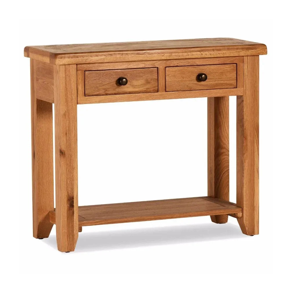 Oak console table with two drawers and lower shelf, front angle view