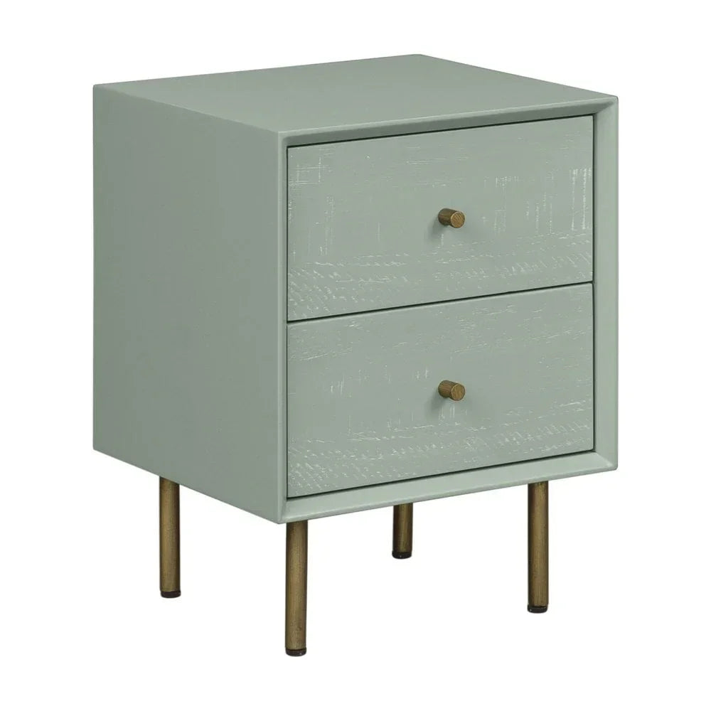 Green bedside table with two drawers and brass legs, front angled view