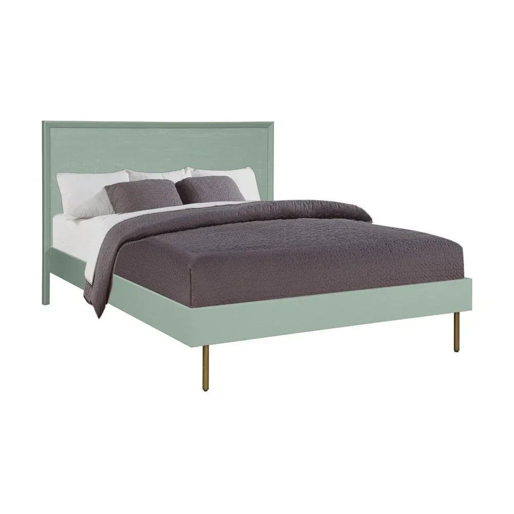 Green wooden bed frame with tall headboard, white bedding and dark grey quilt, angled view