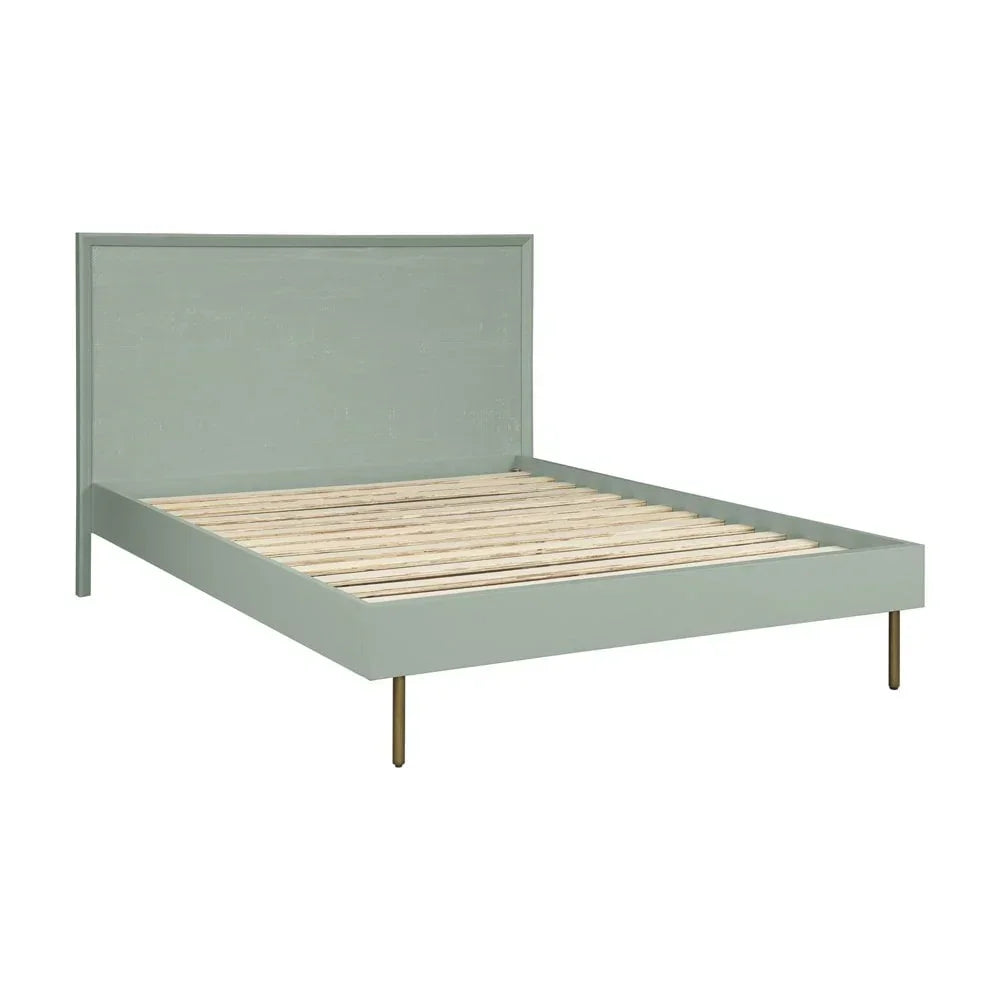 Modern sage green wooden bed frame with slatted base and tall headboard, angled view