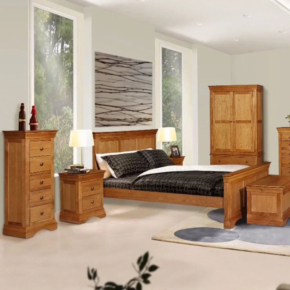 Buy solid wood bedroom furniture set online, including bed, dresser, wardrobe, and nightstand.