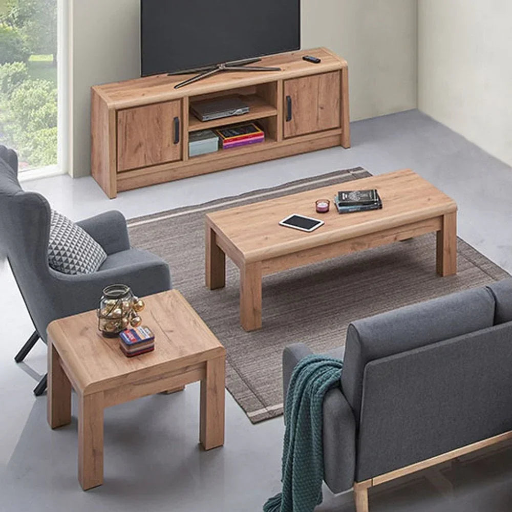 Oak living room furniture set with coffee table, side table, TV unit and grey sofas