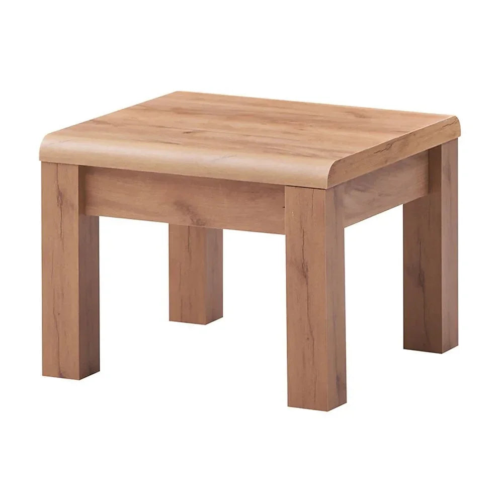 Light oak wooden coffee table with rectangular top and sturdy block legs