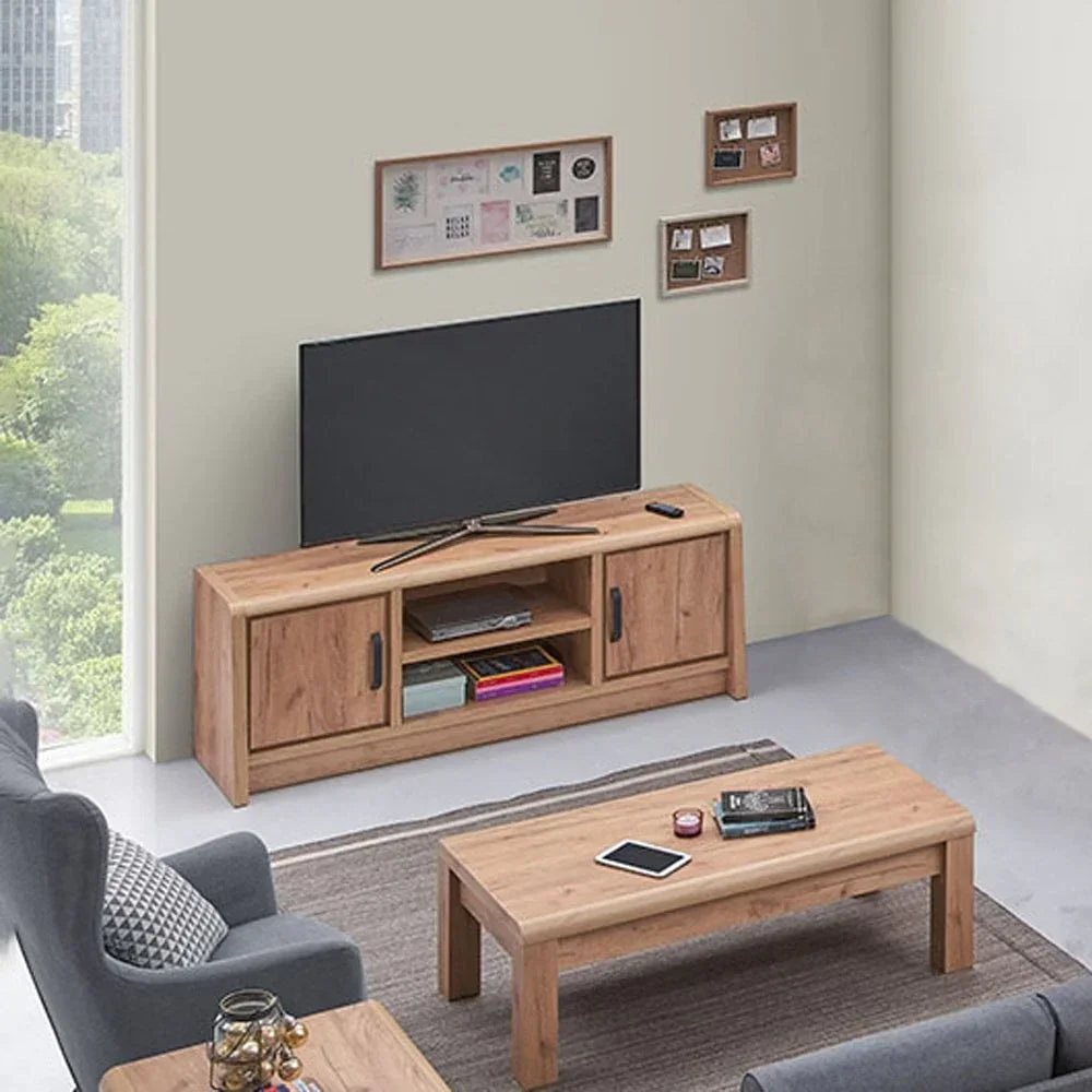 Oak wood TV unit with storage shelves and coffee table in modern living room