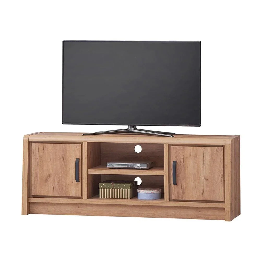 Oak effect TV unit with storage shelves and cabinets, flat screen television displayed on top