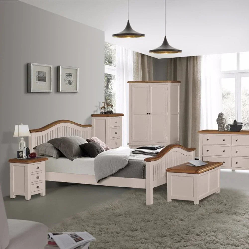 Wooden bedroom furniture set with bed, wardrobe, nightstand and chest in neutral tones