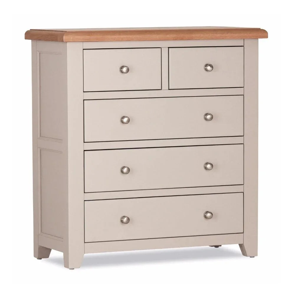 Beige chest of drawers with wooden top and silver handles, front view