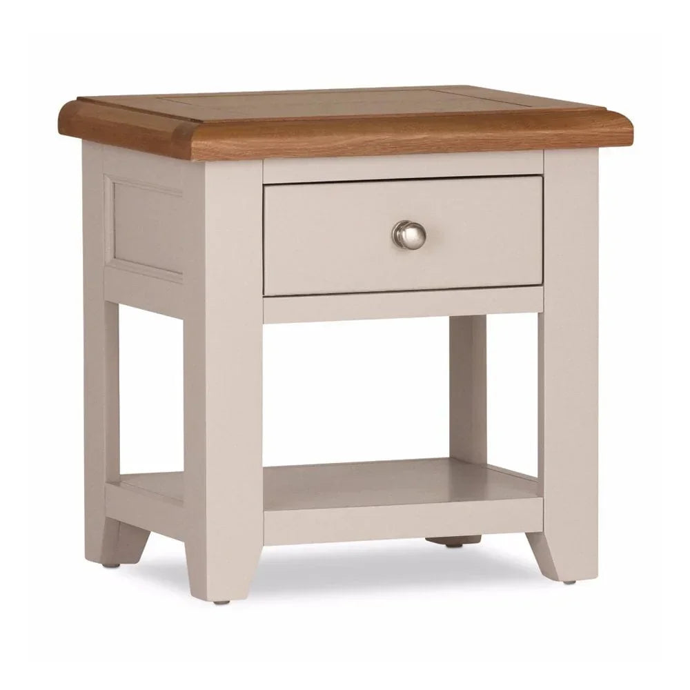 Oak top bedside table with single drawer and lower shelf, painted light grey finish