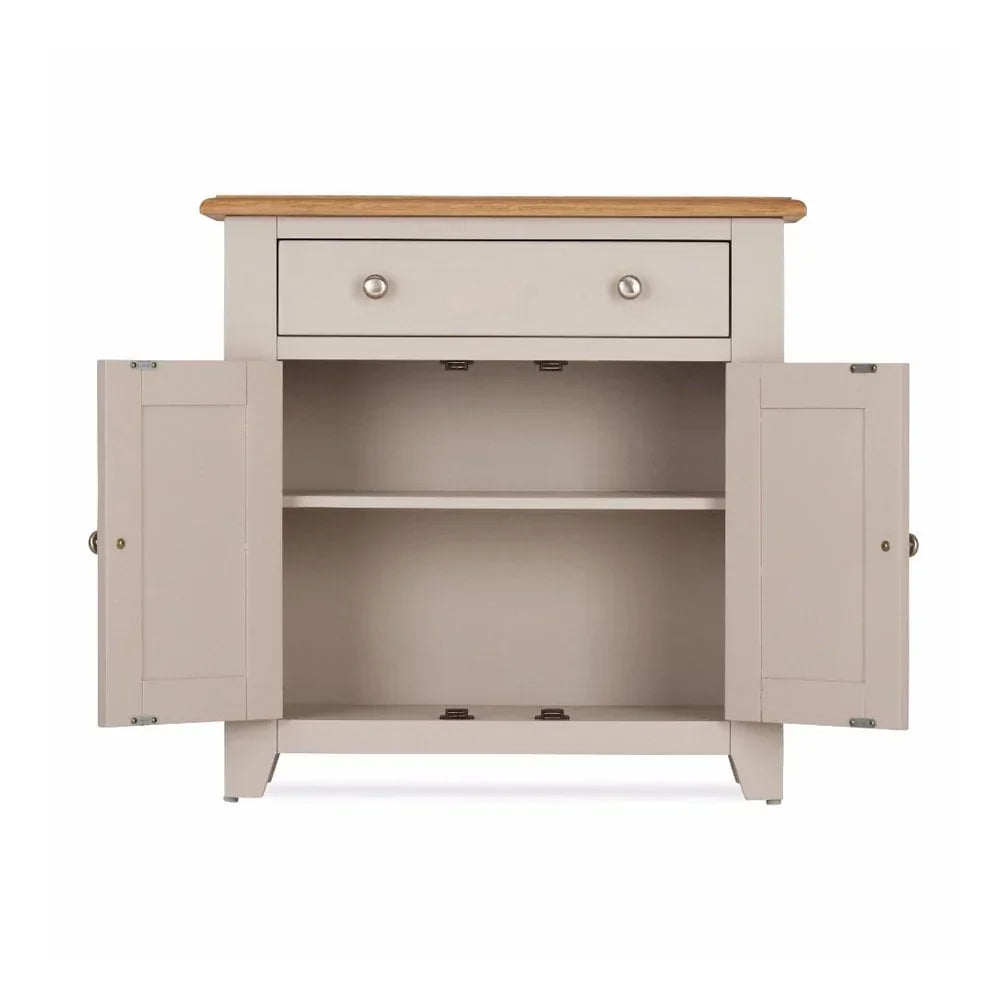 Beige sideboard cabinet with oak top, open doors, single drawer and interior shelf