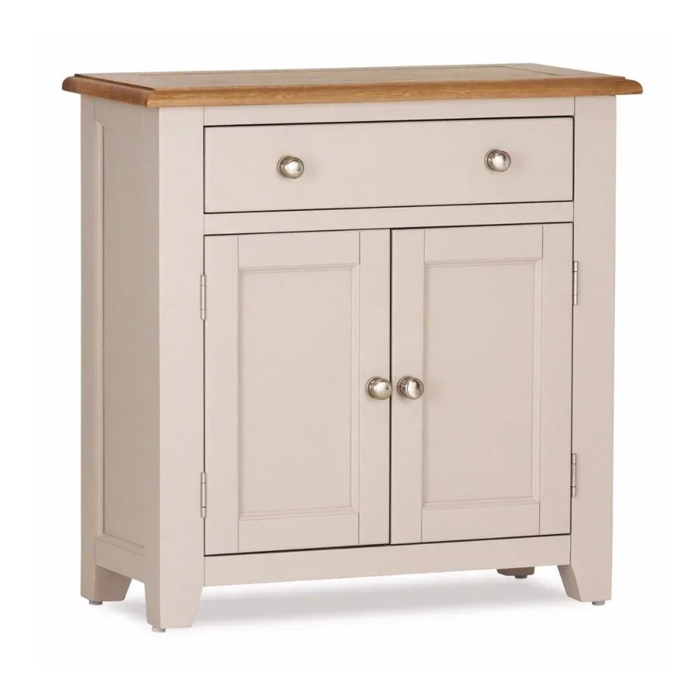 Cream wood sideboard with oak top, single drawer and double doors, front view