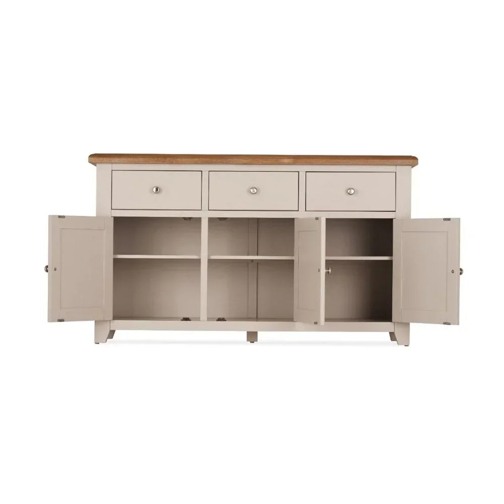 Beige sideboard with oak top, three drawers, and open cabinet doors showing interior shelves